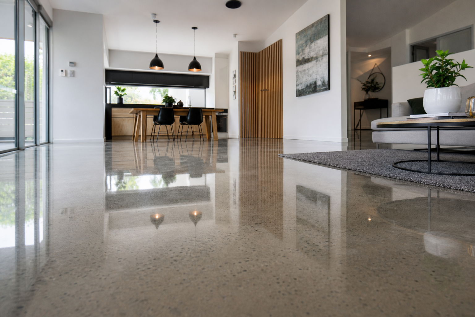 Wide photograph of a polished concrete floor in a modern Perth open-plan living area, deep sheen reflecting natural light from windows