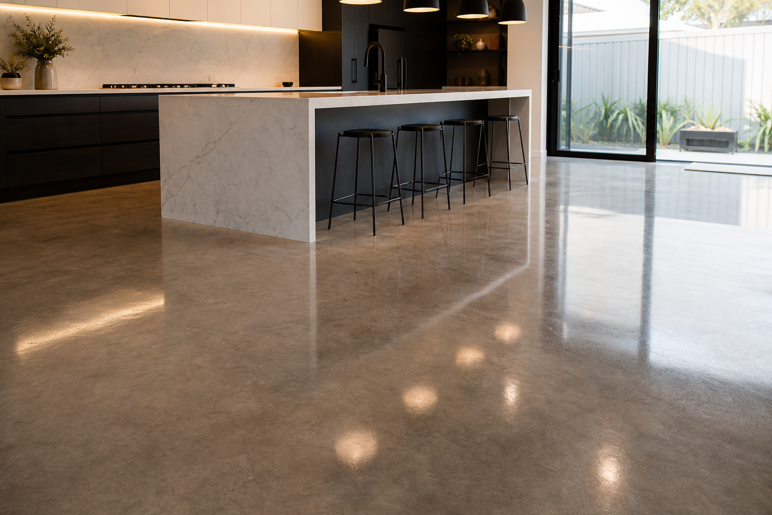 Editorial photograph of a polished concrete floor in a modern Perth kitchen with deep sheen showing reflection of pendant lights overhead, no people, photorealistic