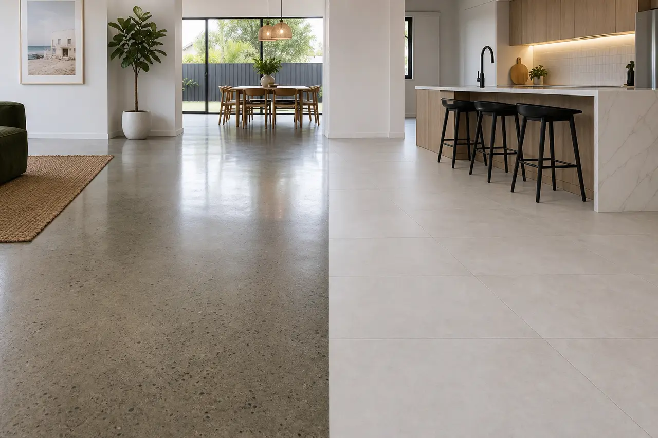 Side-by-side comparison of polished concrete floor and large-format porcelain tile floor in a Perth home, soft afternoon light, no people, photorealistic