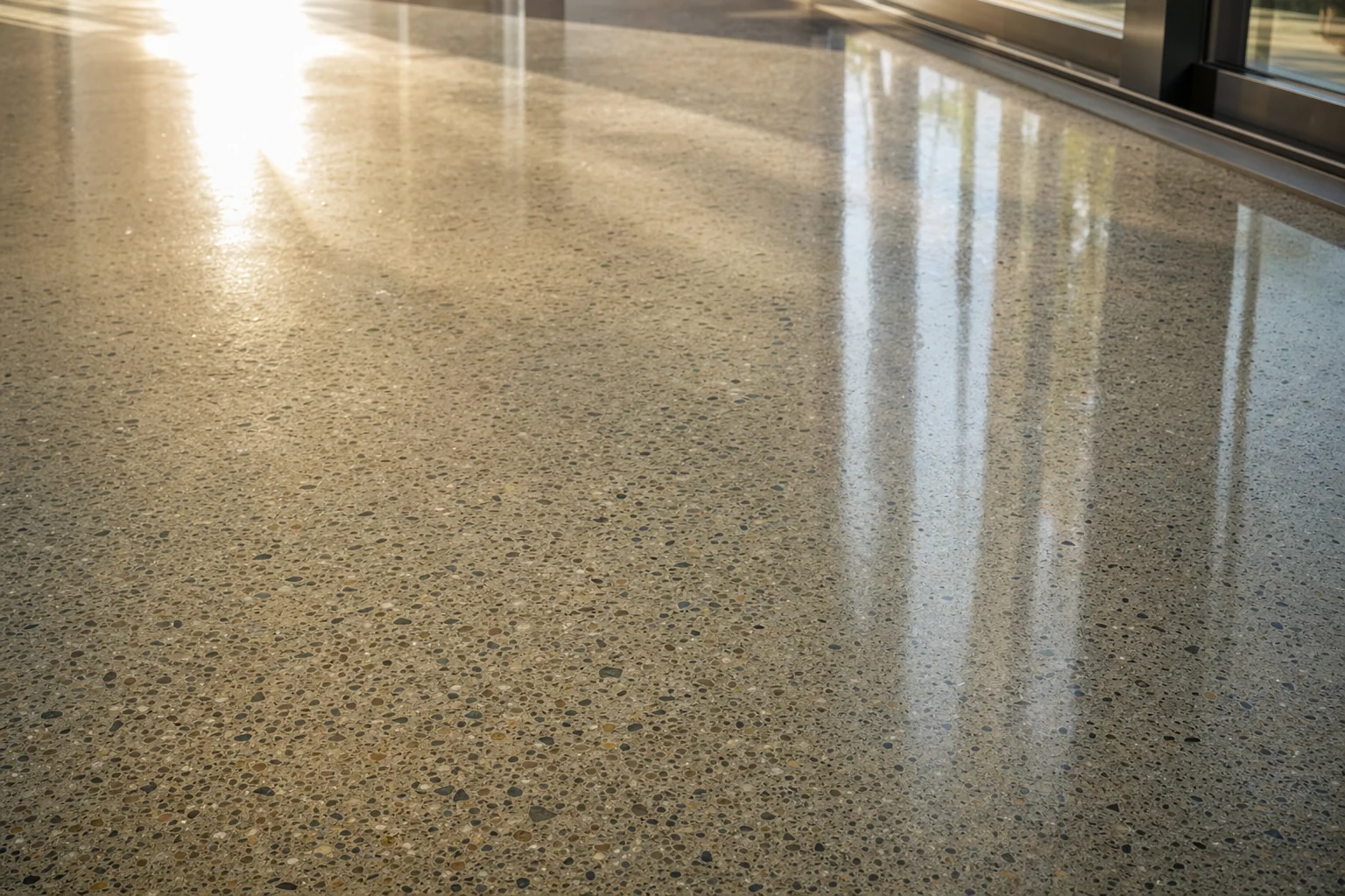 Close-up of a polished concrete floor with a mirror gloss and aggregate speckle