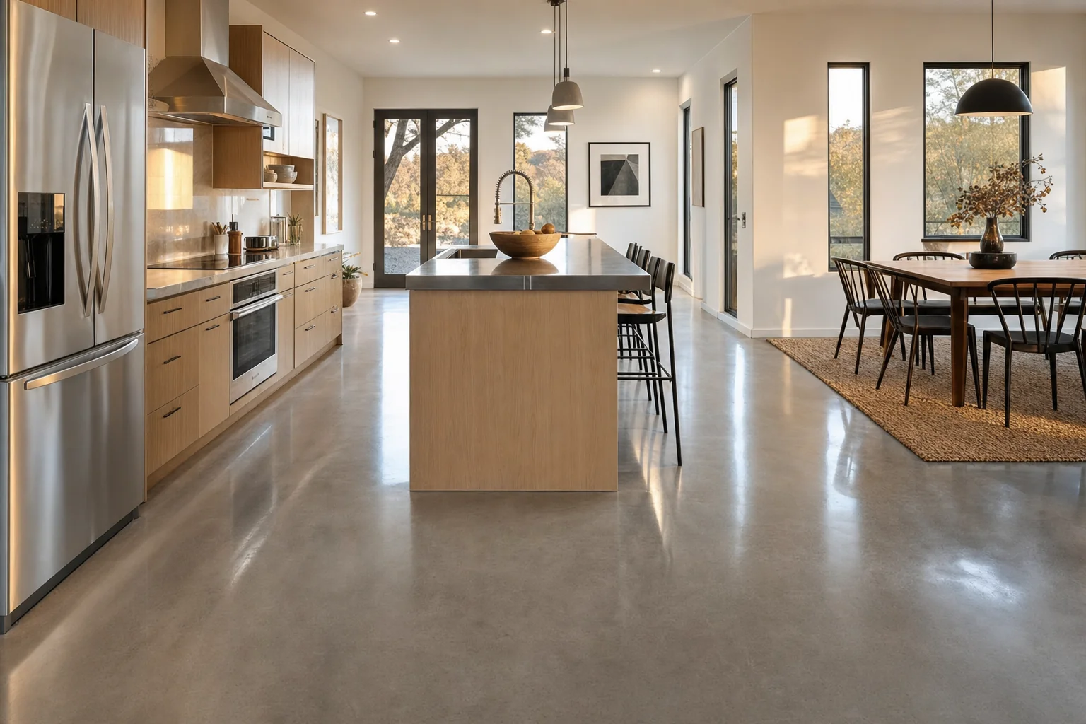 Polished concrete floor through a contemporary Perth kitchen and dining area